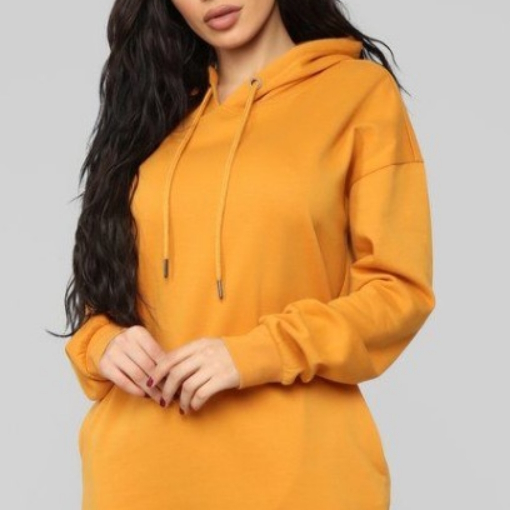 Mustard Yellow Sweatshirt Dress with Hood